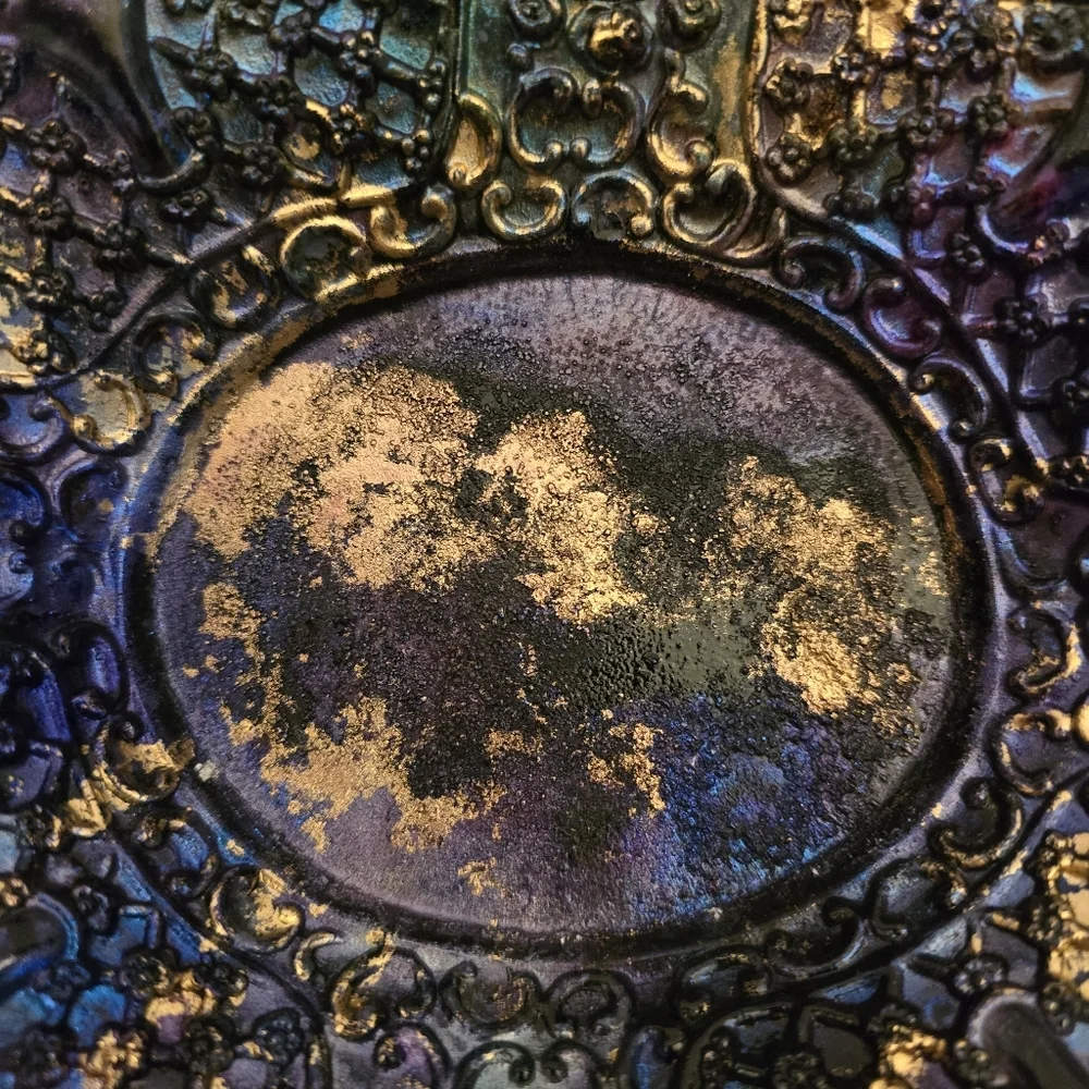 HANDCRAFTED Upcycled Silver Plated Stemmed Dish HANDPAINTED Centerpiece Art